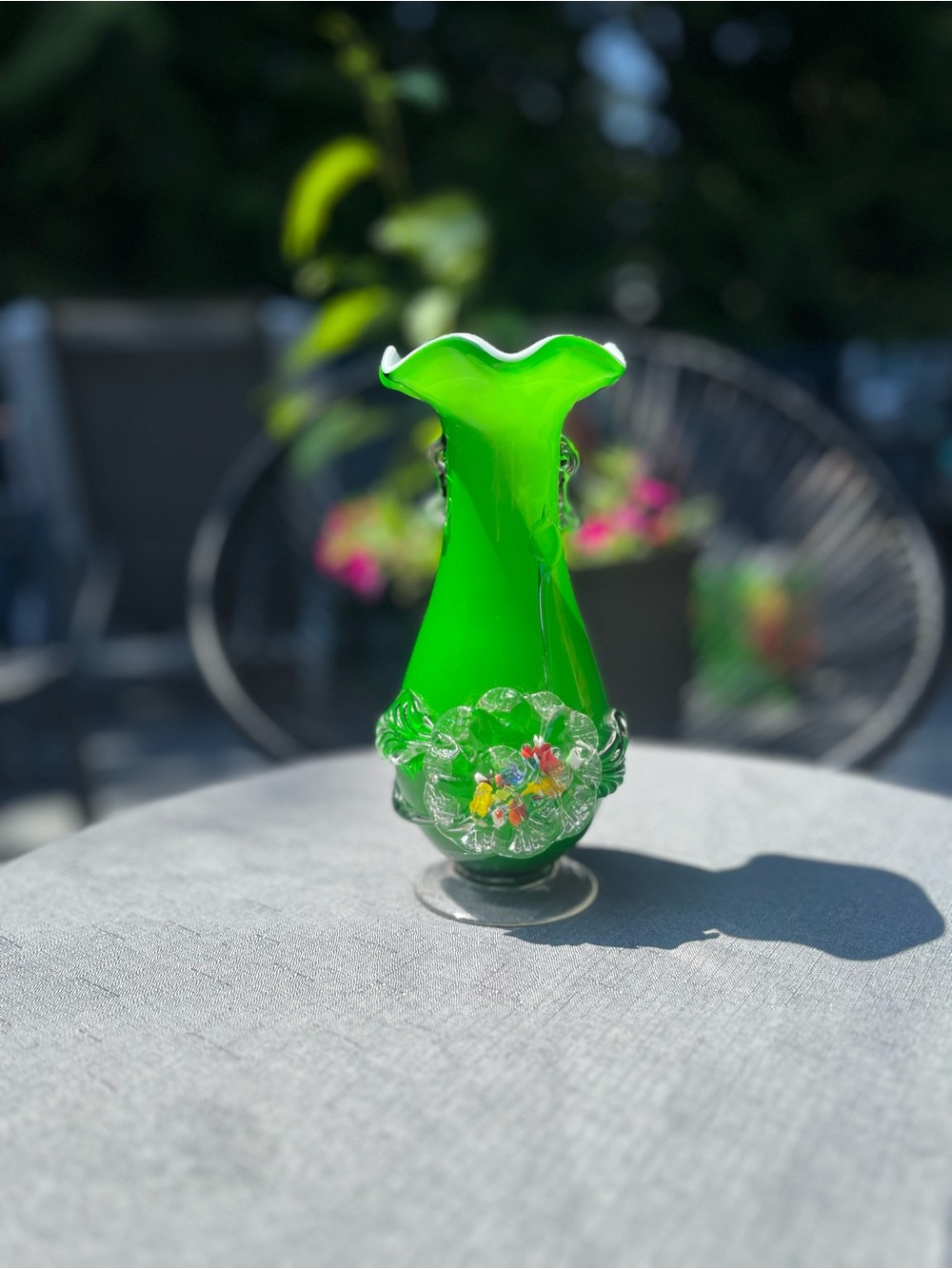 Vintage Murano Style (possibly authentic) Green Glass Vase Applied Flowers 8” - Picture 16 of 16